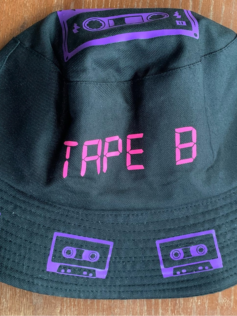 TAPE B Black Bucket Hat with Pink & Purple Cassette Print